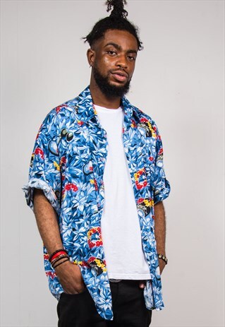 VINTAGE 90'S BLUE FLORAL HAWAIIAN SHORT SLEEVE SHIRT