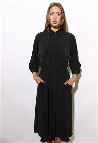 VINTAGE 1980'S 80'S BLACK BATWING MID CALF SHIRT DRESS S-M