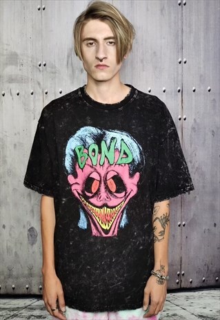 MONSTER PRINT TEE BOND SLOGAN T-SHIRT GRUNGE TOP ACID BLACK