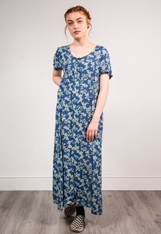 90'S VINTAGE CUTE BLUE FLORAL PATTERN MAXI SUMMER DRESS