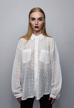 See-through shirt long sleeve transparent crochet blouse