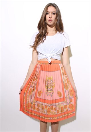 VINTAGE 1980'S 80'S PLEATED PINK EQUESTRIAN PRINT SKIRT S-M
