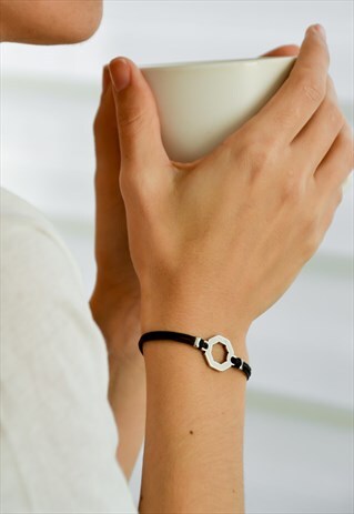 BLACK CORD BRACELET SILVER HEXAGON CHARM GIFT FOR HER