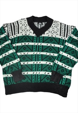 Vintage V Neck Knitwear Pattern Sweater Green Large