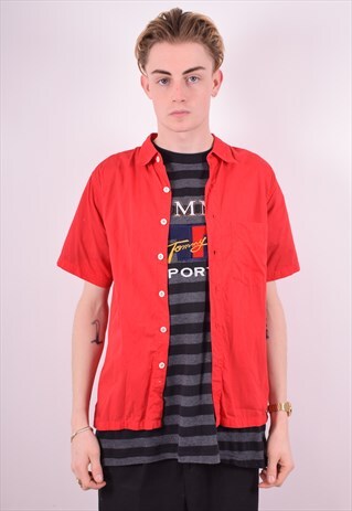 TOMMY HILFIGER MENS VINTAGE SHIRT MEDIUM RED 90'S