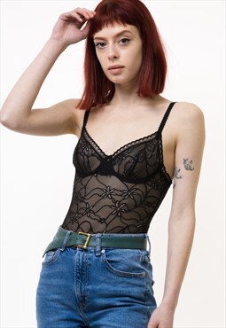 90s Vintage Wolford Black Lace Body Lingerie Set Top 5038