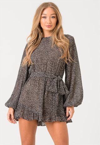BLACK ANIMAL PLAYSUIT WITH TIE WAIST