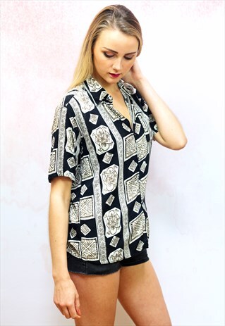 1990S VINTAGE VISCOSE BEIGE AND BLACK PRINT SHIRT