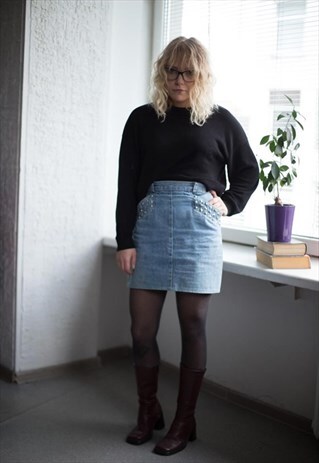VINTAGE 80'S BLUE MINI DENIM STUDDED SKIRT
