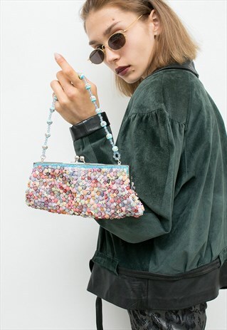 VINTAGE CLUTH BAG PINK BLUE BEADED RETRO RECLAIMED HANDBAG