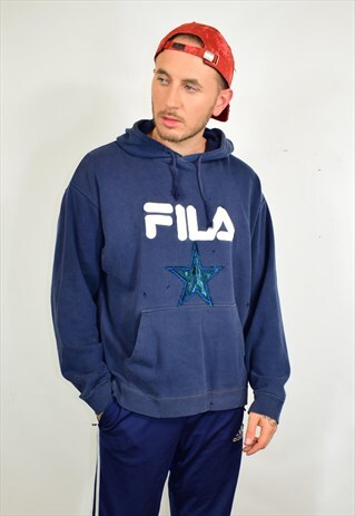 NORTH REWORKED FILA BLUE DISTRESSED APPLIQUE HOODIE UNISEX