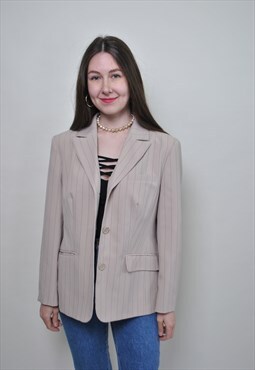Minimalist striped blazer, women vintage jacket, beige 90s 