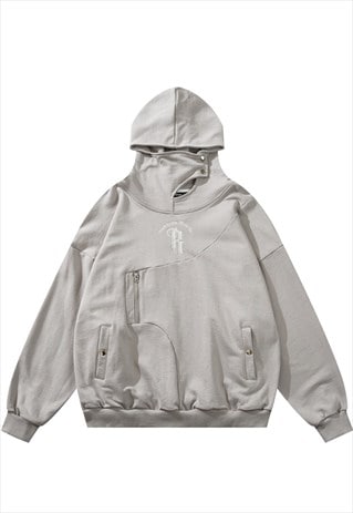 GORPCORE HOODIE UTILITY PULLOVER RAISED NECK GRUNGE TOP GREY