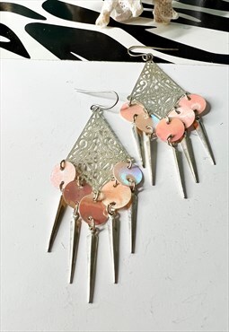 1980's Silver & Pink Tassel Earrings