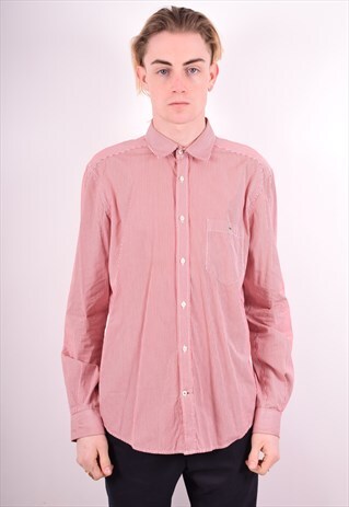 LACOSTE MENS VINTAGE SHIRT MEDIUM RED STRIPES 90S