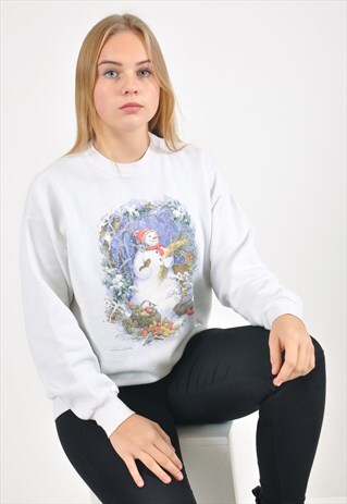 VINTAGE SNOWMEN PRINT JUMPER IN WHITE