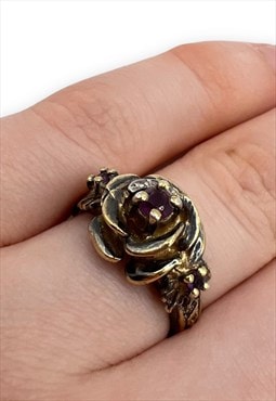 Vintage Silver Ring flower rose gemstone gold plated