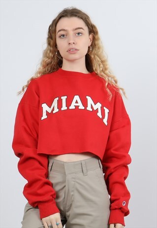 CHAMPION MEDIUM RED PRINTED COLLEGE CROPPED SWEATSHIRT