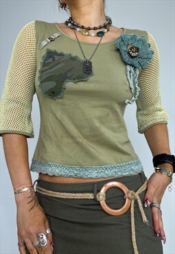 Vintage 90s Top Long Sleeve Crochet Embellished Fairycore 