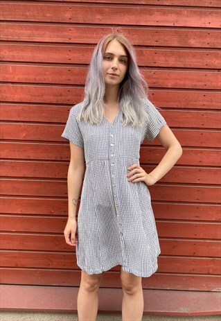 VINTAGE 90S CHECKED WHITE BLUE SUMMER DRESS