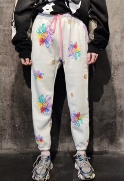 Rainbow flower joggers slim fit y2k daisy overalls in white