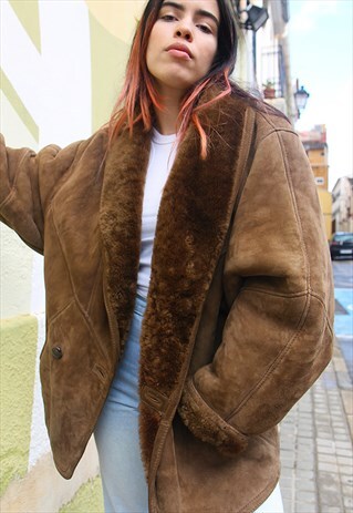 DARK BROWN REAL SUEDE SHEARLING LINED WINTER COAT