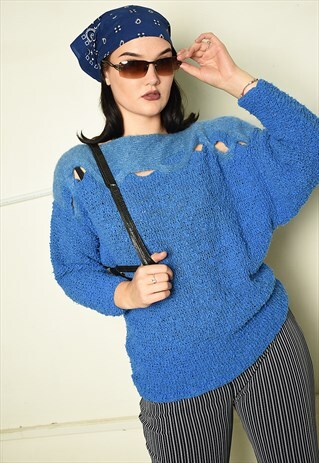 VINTAGE 80'S RETRO SOFT KNIT KEYHOLE JUMPER IN BLUE