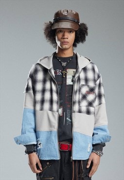 Reworked denim jacket hooded checked jean bomber in blue