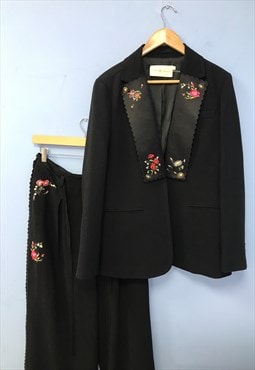 Black Suit Blazer Trouser Wide Leg Embroidered Designer