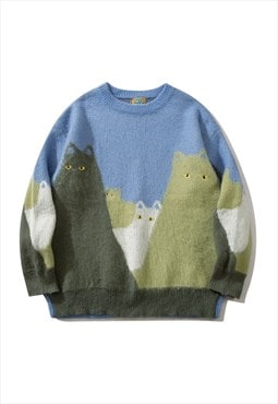 Cat print sweater psychedelic jumper landscape pullover blue