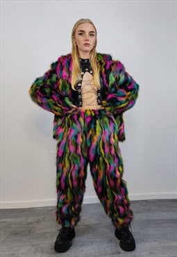 Striped neon fur joggers rave pants fluffy festival trousers