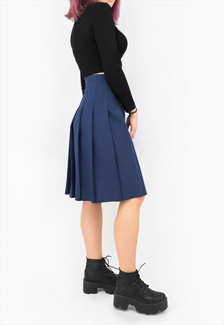 NAVY BLUE CLASSIC PLEATED MIDI KNEE SKIRT