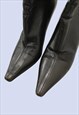 BLACK ALL LEATHER POINTED TOE KNEE HIGH HEELED BOOTS