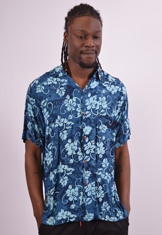 MENS VINTAGE SHIRT LARGE BLUE FLORAL 90S