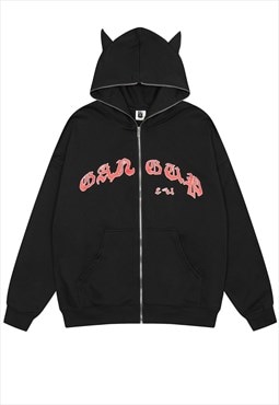 Devil horn hoodie raver pullover Y2K Halloween top in black