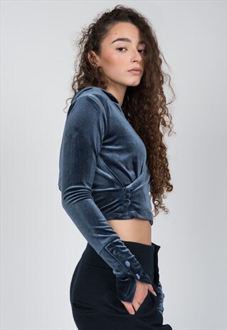 WRAP OVER CROP TOP IN DARK BLUE VELVET