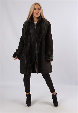 VINTAGE SHEEPSKIN LEATHER SHEARLING COAT MID UK 16 XL (9J4R)