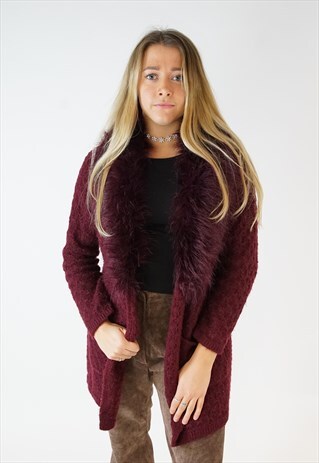 VINTAGE RED BURGUNDY FAUX FUR TRIM CARDIGAN