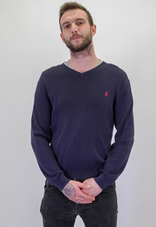 VINTAGE RALPH LAUREN V NECK SWEATER IN BLUE MEDIUM
