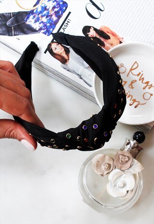 BLACK MULTI COLOUR JEWEL TOP KNOT ALICE HEAD BAND