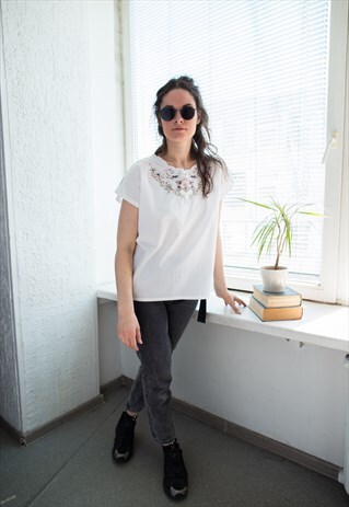 VINTAGE 80'S WHITE COTTON EMBROIDERED TOP