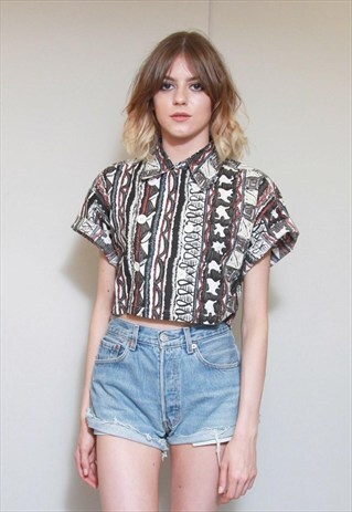 VINTAGE 1990'S DOUBLE BREASTED TRIBAL PRINT CROP TOP