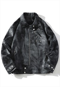 Bleached faux leather jacket velvet feel grunge bomber grey