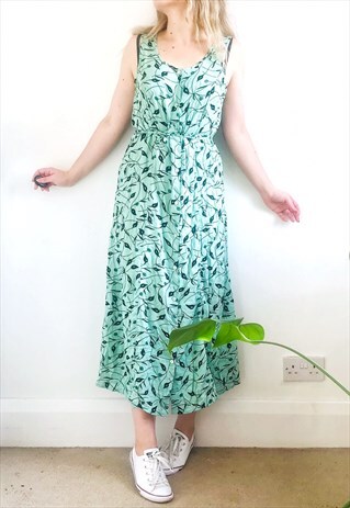 VINTAGE 90S MINT GREEN LEAF PRINT MIDI DRESS