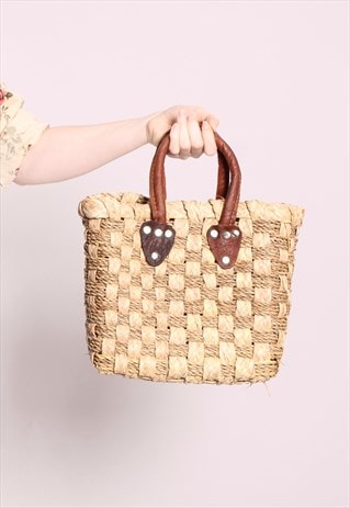 VINTAGE 70S WICKER STRAW BASKET BAG LEATHER HANDLES