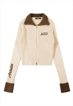 Fluffy track top collared neck cropped knitwear jumper cream