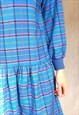 VINTAGE BLUE PLAID SUMMER DRESS, CHECKED LONG SLEEVE PRAIRIE
