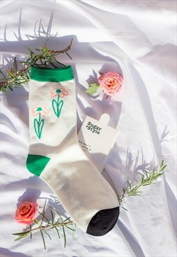Pink Green Black Illustrated Floral Duo Socks
