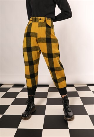 VINTAGE 80S TARTAN YELLOW HIGH WAISTED CHECK WOOL TROUSERS
