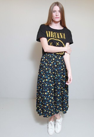 VINTAGE 1990'S BLUE & YELLOW FLORAL PRINT MIDI SKIRT